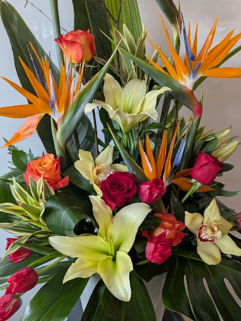 Composition funéraire tropicale Hommage flamboyant avec oiseaux de paradis, roses, lys et orchidées – La Maison d’Alcantara Montréal.1.webp