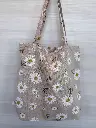 Sac fourre-tout Sac en Vrac à motif de marguerites blanches sur fond naturel offert à Montréal.1.webp